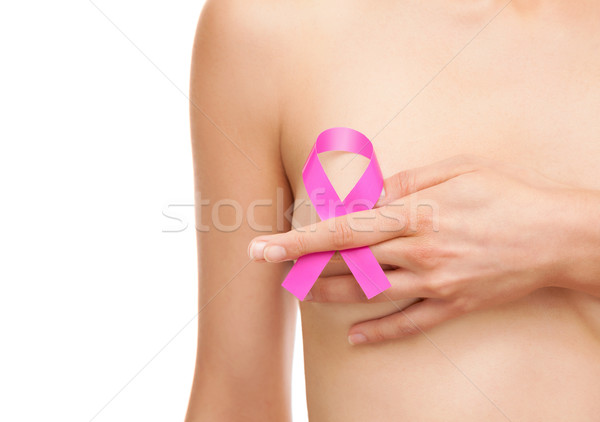 Foto stock: Mulher · câncer · de · mama · consciência · fita · rosa · médico