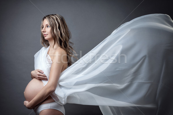 Stockfoto: Portret · zwangere · vrouw · doek · witte · baby · gelukkig