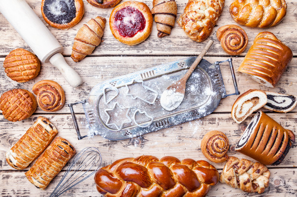 Delicious holiday baking background with ingredients and utensils Stock photo © tommyandone