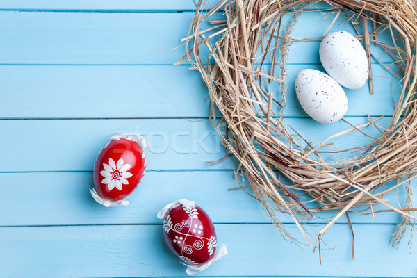 œufs de Pâques bois traditionnel printemps espace carte [[stock_photo]] © tommyandone