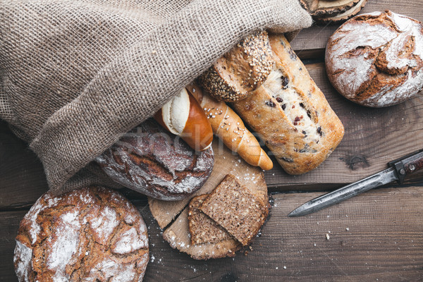 Stockfoto: Heerlijk · vers · brood · binnenkant · zak · houten