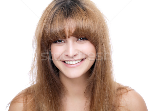 Vrouw rommelig haren portret meisje glimlach Stockfoto © tommyandone