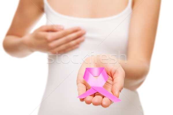 Woman holding a pink cancer awareness ribbon Stock photo © tommyandone