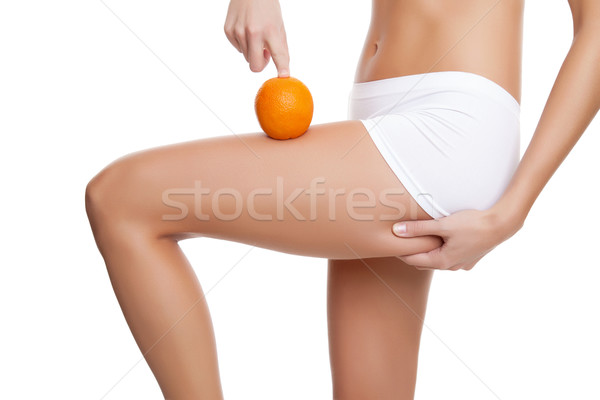 Stock fotó: Nő · narancs · mutat · tökéletes · bőr · kéz