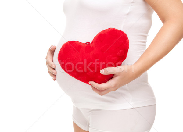 Foto stock: Mulher · grávida · coração · isolado · branco · mulher