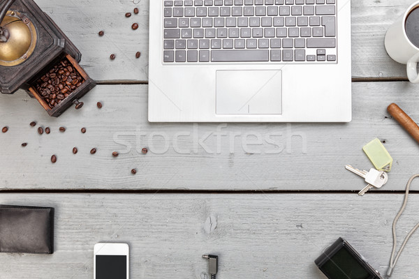 Munkaterület fa asztal fölött lövés kávé munka Stock fotó © tommyandone