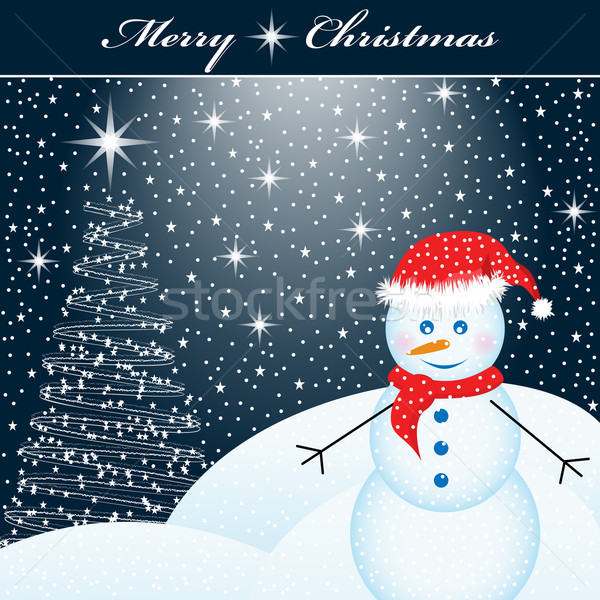 Bonhomme de neige arbre de noël scène de nuit noël arbre étoiles [[stock_photo]] © toots