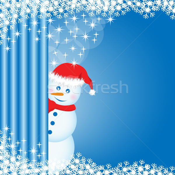 Bonhomme de neige derrière rideau flocons de neige étoiles bleu [[stock_photo]] © toots