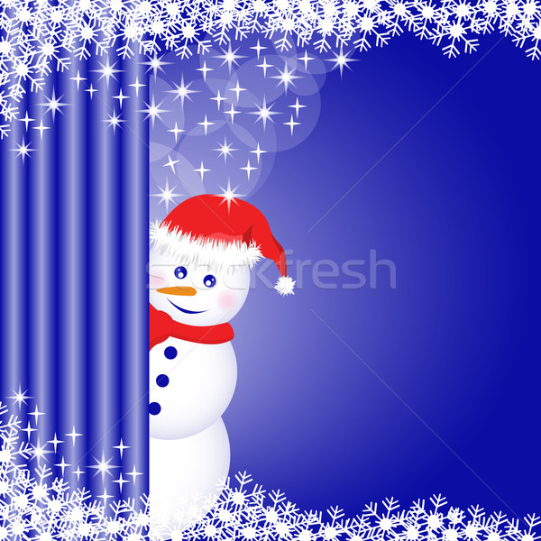 [[stock_photo]]: Bonhomme · de · neige · derrière · rideau · flocons · de · neige · étoiles · profonde