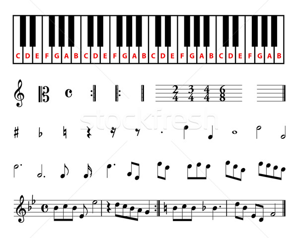 Bladmuziek symbolen ingesteld verschillend piano toetsenbord Stockfoto © toponium