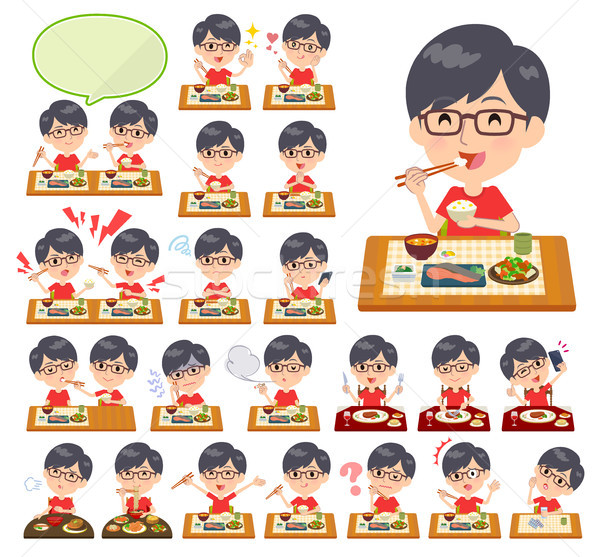 red Tshirt Glasse men_Meal Stock photo © toyotoyo