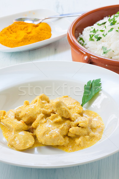 Foto stock: Caril · de · frango · arroz · temperos · verde · vermelho