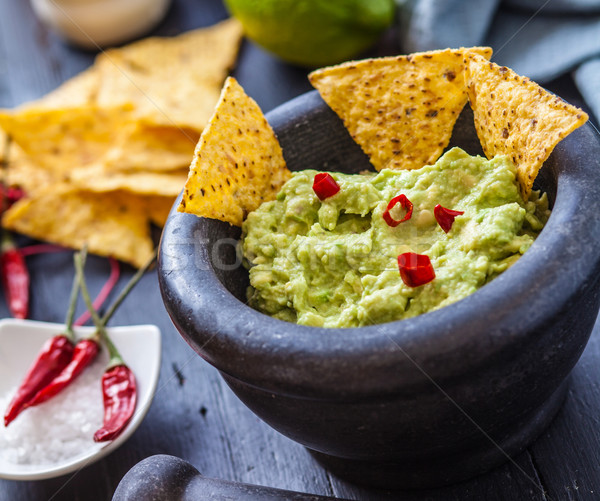 Stok fotoğraf: Meksika · yemekleri · siyah · taş · çanak · taze · nachos