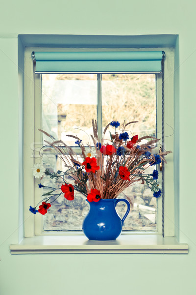 Stock foto: Krug · Blumen · frischen · Sommerblumen · Fenster · home