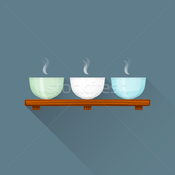 Stock photo: vector flat triple Chinese tea cups on stand illustration icon
