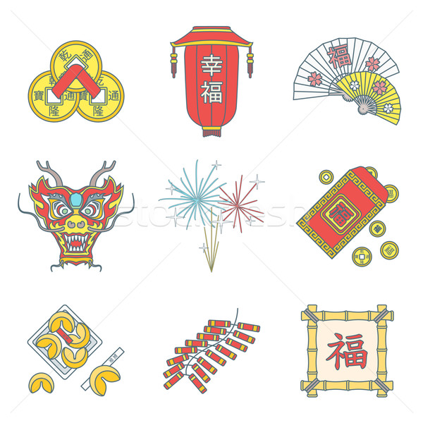 colored outline chinese new year icons set Stock photo © TRIKONA