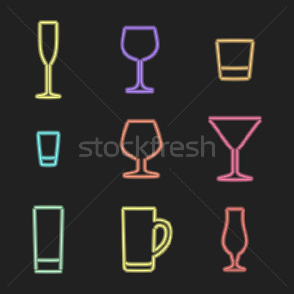 Néon lumière alcool verres icônes vecteur [[stock_photo]] © TRIKONA