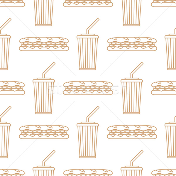 Stock photo: sub sandwich cola cold drink paper cup outline seamless pattern
