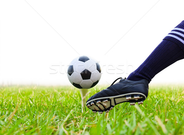 foot kicking soccer ball on golf tee isolated Stock photo © tungphoto