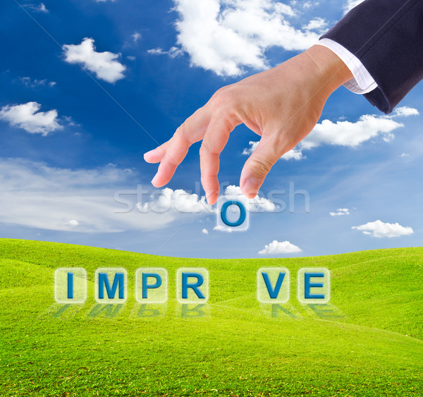 business man hand made improve word buttons Stock photo © tungphoto