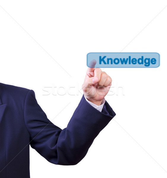 Foto stock: Hombre · de · negocios · mano · empujando · conocimiento · botón · aislado