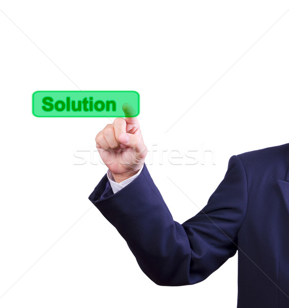 Homme d'affaires main poussant solution bouton isolé [[stock_photo]] © tungphoto