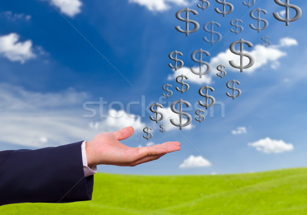 Człowiek biznesu strony znak dolara niebo ceny zielone Zdjęcia stock © tungphoto