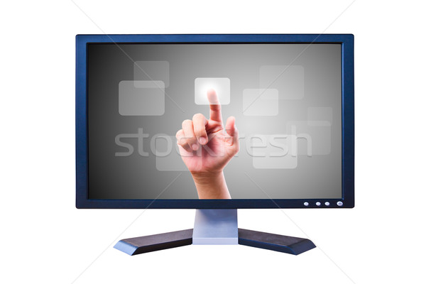 Foto stock: Mano · empujando · botón · panel · Screen · ordenador