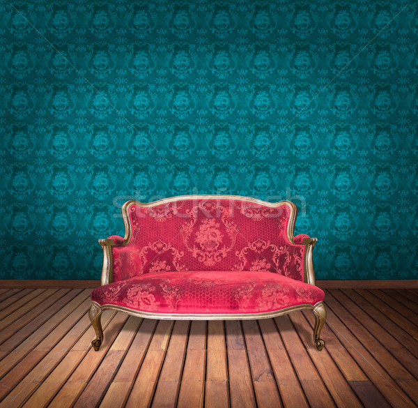 vintage red luxury armchair and in blue wallpaper room Stock photo © tungphoto