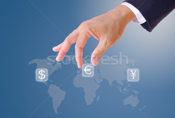 business man hand bring up euro sign button Stock photo © tungphoto