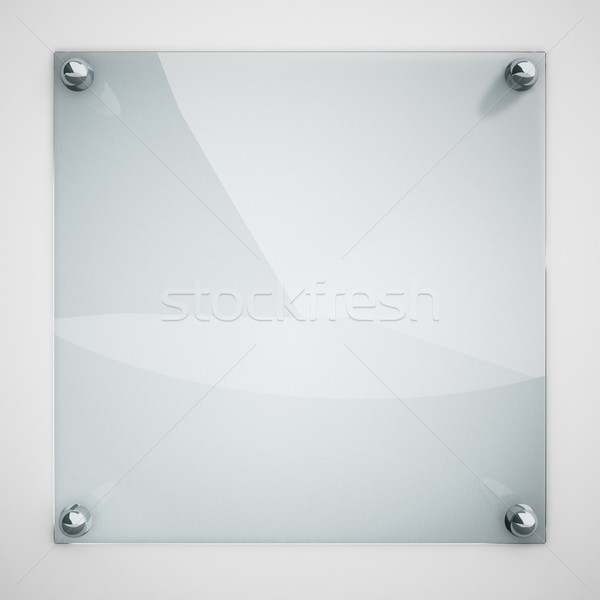 Protection glass plate fastened to white wall with metal rivets. Stock photo © tuulijumala