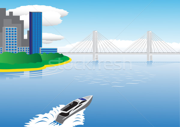 Motor boat sailing to the bridge leading to the city. Stock photo © tuulijumala