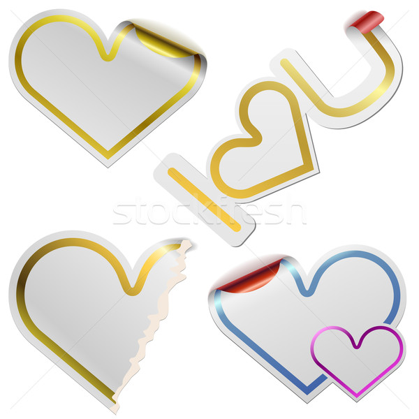 Stock photo: White blank heart shaped stickers with golden frames isolated on