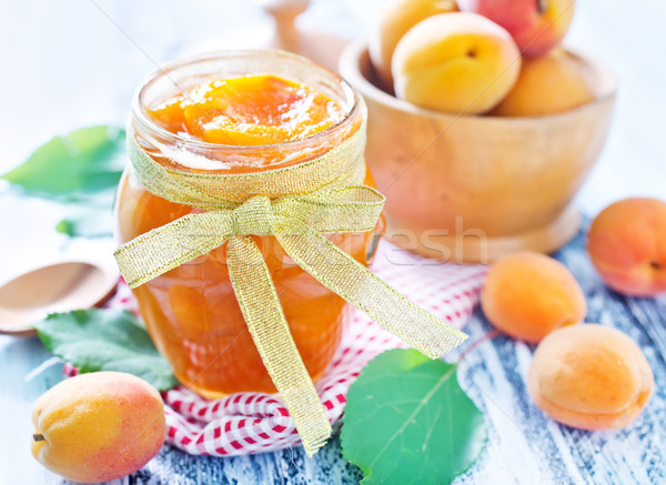 [[stock_photo]]: Abricot · confiture · verre · banque · table · nature