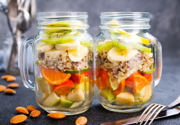 Stockfoto: Vruchtensalade · amandel · salade · glas · bank · natuur