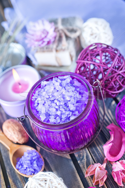 Foto stock: Sal · do · mar · sabão · mesa · de · madeira · flor · fundo · beleza