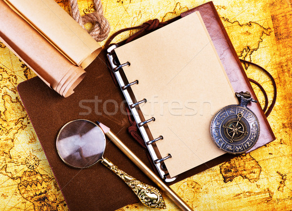 Alten Notebook Lupe Kompass Karte abstrakten Stock foto © tycoon