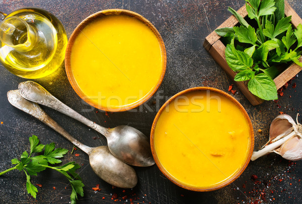 Foto stock: Abóbora · sopa · tigela · tabela · comida · laranja