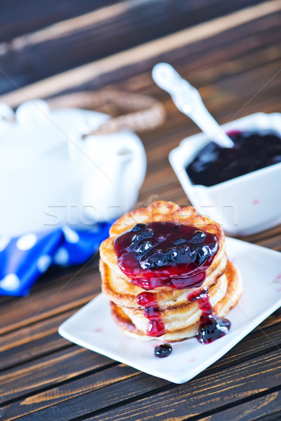 Stockfoto: Pannenkoeken · jam · plaat · tabel · voedsel · hot