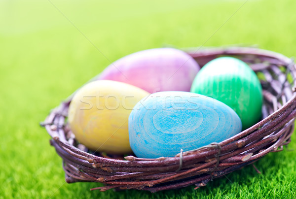 Dekoracyjny malowany Easter Eggs tabeli Wielkanoc niebo Zdjęcia stock © tycoon