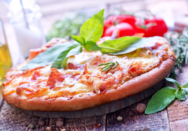 Stockfoto: Pizza · kaas · ham · tabel · voedsel · groep