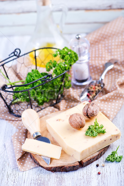 Peynir tahta tablo kâğıt mavi kahvaltı Stok fotoğraf © tycoon