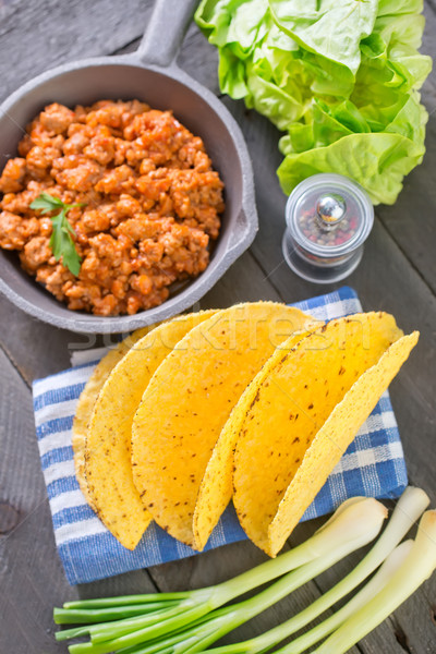 Stockfoto: Ingrediënten · taco · hout · groene · tarwe · vlees