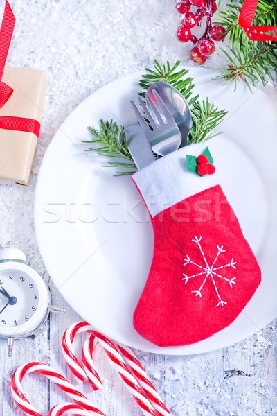 Christmas decoratie houten tafel boom voedsel achtergrond Stockfoto © tycoon