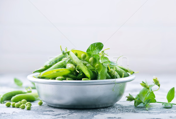 Stockfoto: Groene · erwten · kom · tabel · blad · vruchten