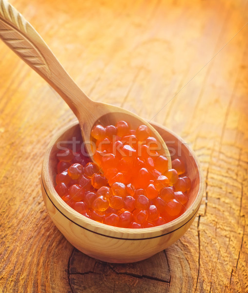 Red salmon caviar in the wooden bowl and spoon Stock photo © tycoon