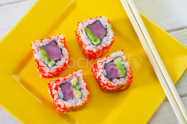 Sushi ağaç ahşap balık akşam yemeği plaka Stok fotoğraf © tycoon