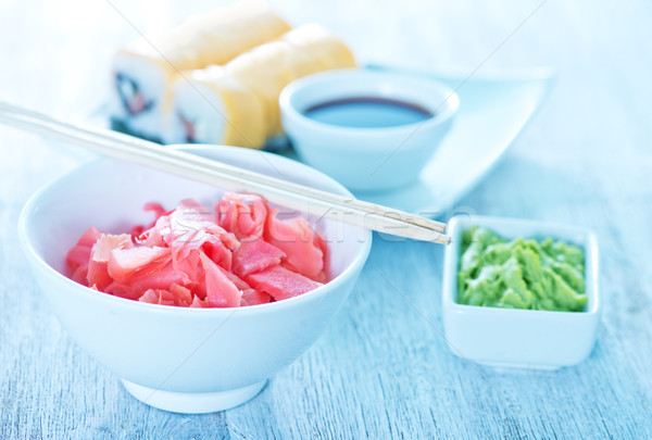 Stockfoto: Vers · sushi · plaat · tabel · oranje · zwarte