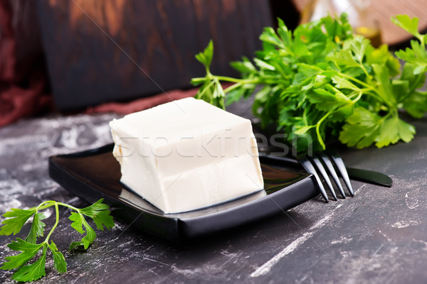 Tofu kaas keukentafel Blauw plaat zwarte Stockfoto © tycoon