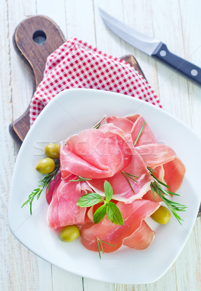 Foto stock: Fumado · carne · de · porco · presunto · vermelho · gordura · rosa